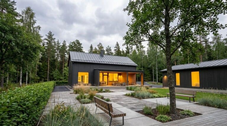 Warm yellow light inside the house, asphalted road behind the house, modern garden with different pa